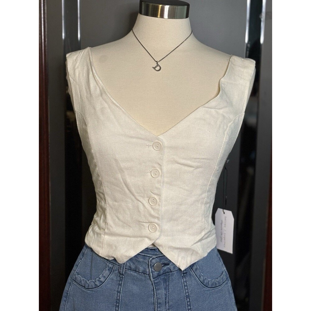 New Better Together Linen Blend Ivory Cream Vest Tank Crop Top Size Large